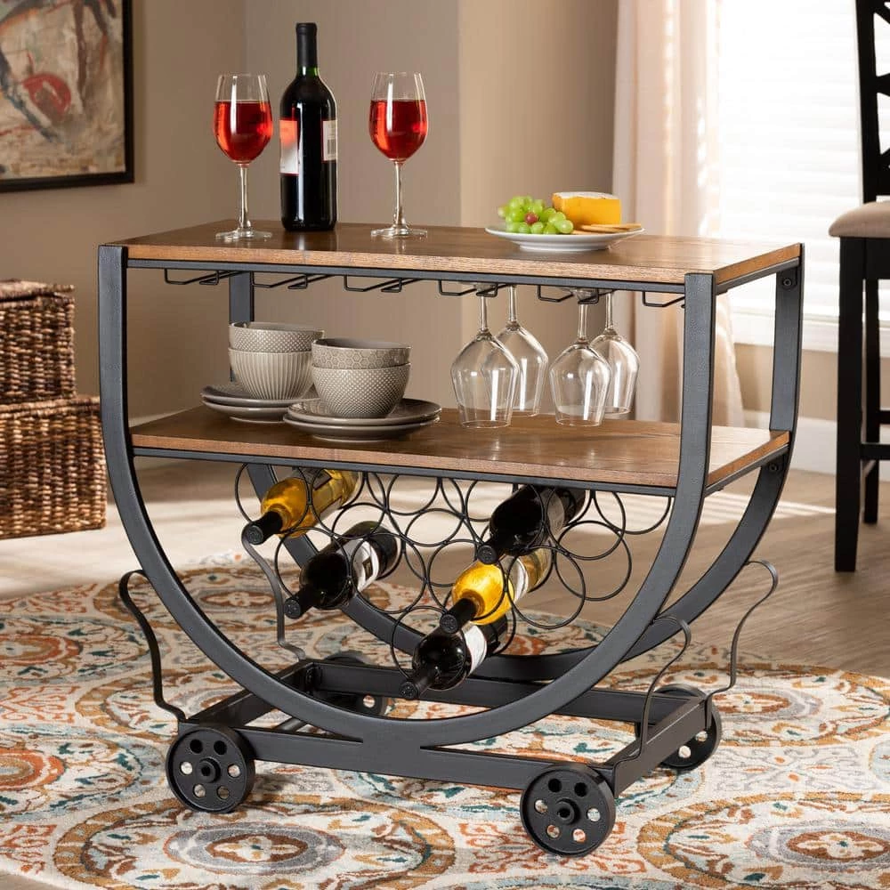 Triesta Medium Brown and Bronze Wine Cart with Wine Glass Storage by Baxton Studio - Image 8