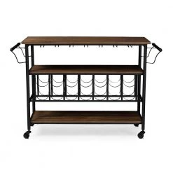 Bradford Black and Medium Brown Wine Cart with Wine Glass Storage by Baxton Studio