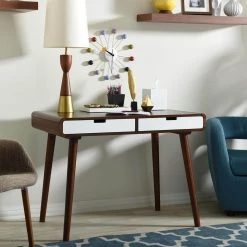 39 in. Medium Brown Wood Rectangular 2 -Drawer Writing Desk with Rounded Angles by Baxton Studio