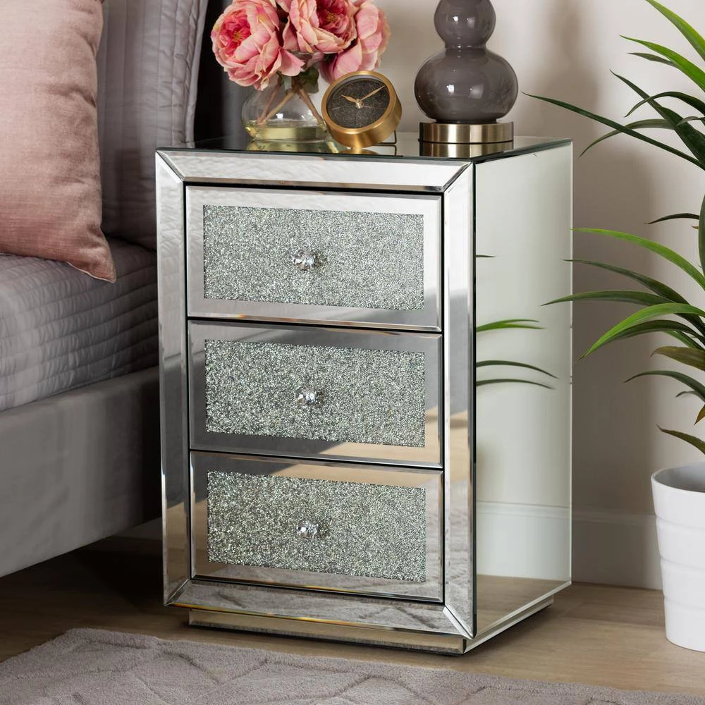 Talan 3-Drawer Mirrored and Sliver Nightstand 26 in. H x 18 in. W x 14 in. D by Baxton Studio - Image 7