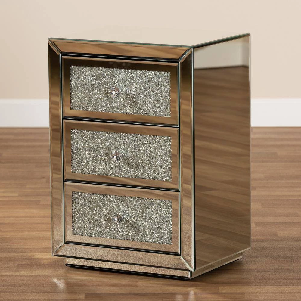 Talan 3-Drawer Mirrored and Sliver Nightstand 26 in. H x 18 in. W x 14 in. D by Baxton Studio - Image 6