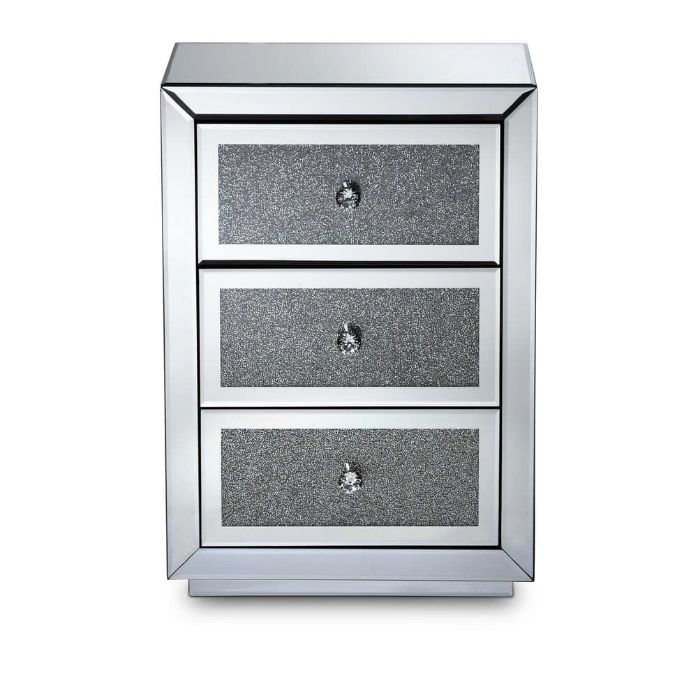 Talan 3-Drawer Mirrored and Sliver Nightstand 26 in. H x 18 in. W x 14 in. D by Baxton Studio