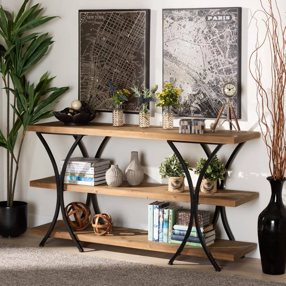 Terrell 59.8 in. Natural Brown and Black Rectangle Wood Console Table by Baxton Studio - Image 6