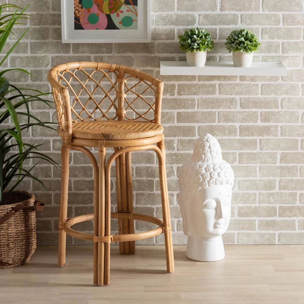 Orchard 36.75 in. Natural Brown Low Back Rattan Standard Height Bar Stool by Baxton Studio - Image 9