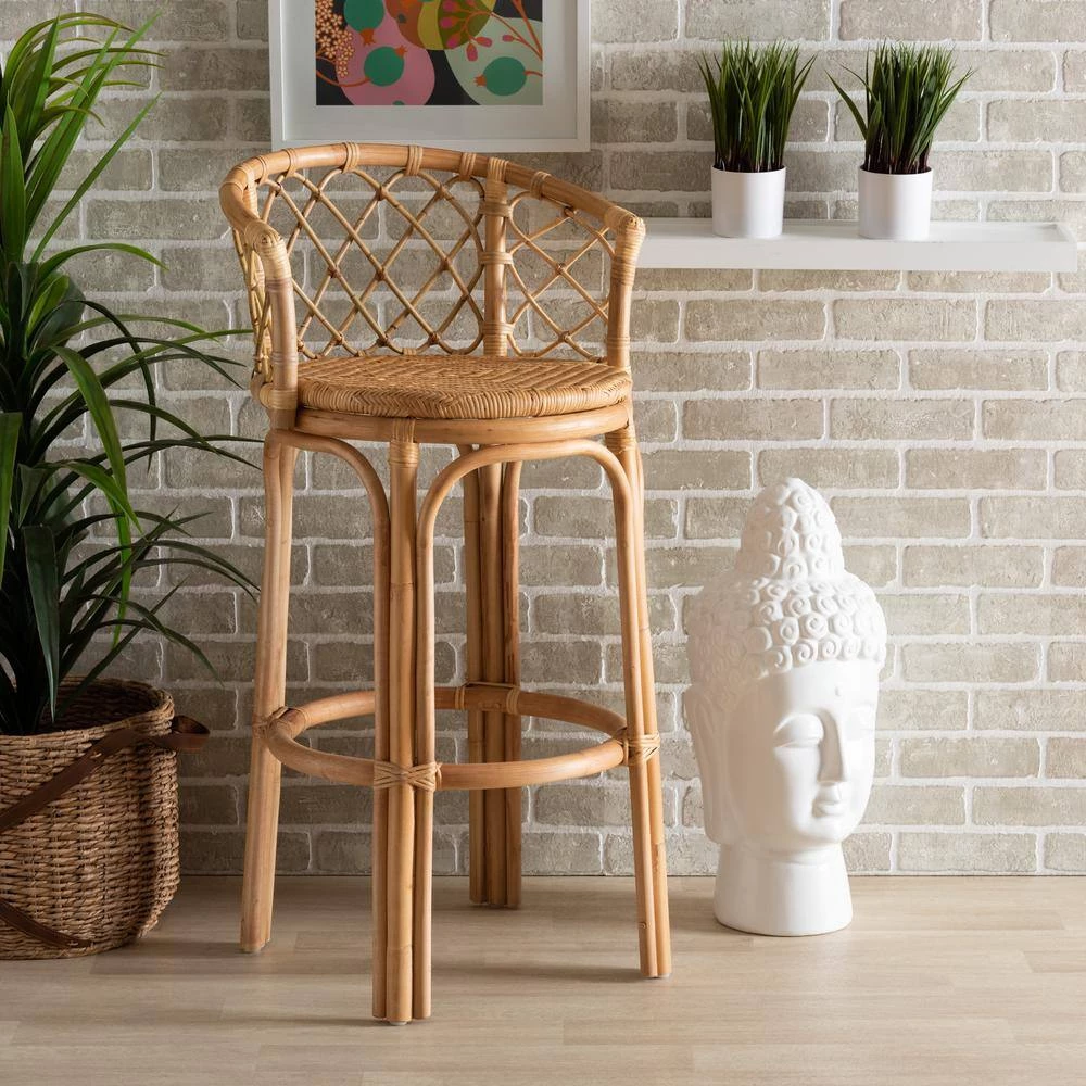 Orchard 30 in. Natural Brown Low Back Rattan Bar Height Bar Stool by Baxton Studio - Image 9