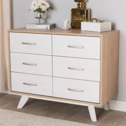 Helena 6-Drawer Natural and Whitewash Dresser by Baxton Studio