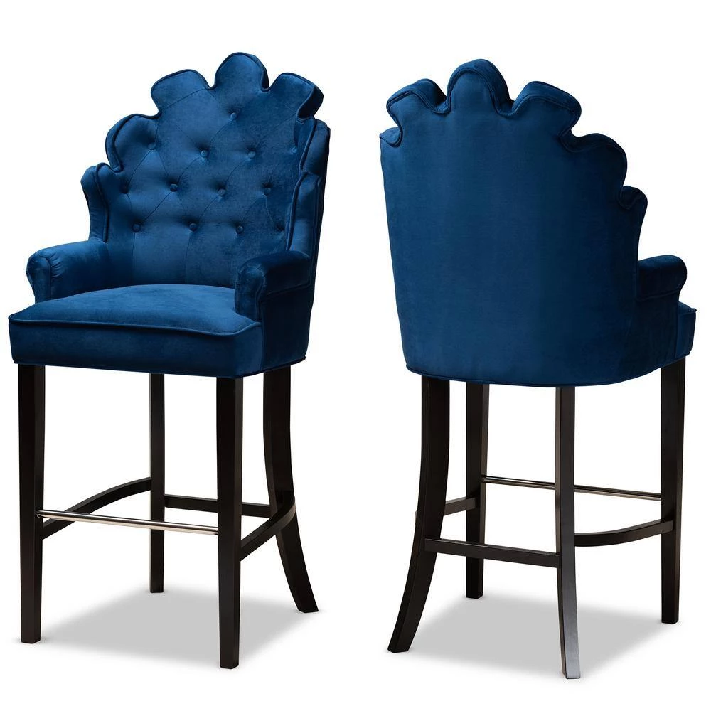 Chloe 50.4 in. Navy Blue and Dark Brown Low Back Wood Bar Height Bar Stool by Baxton Studio - Image 2