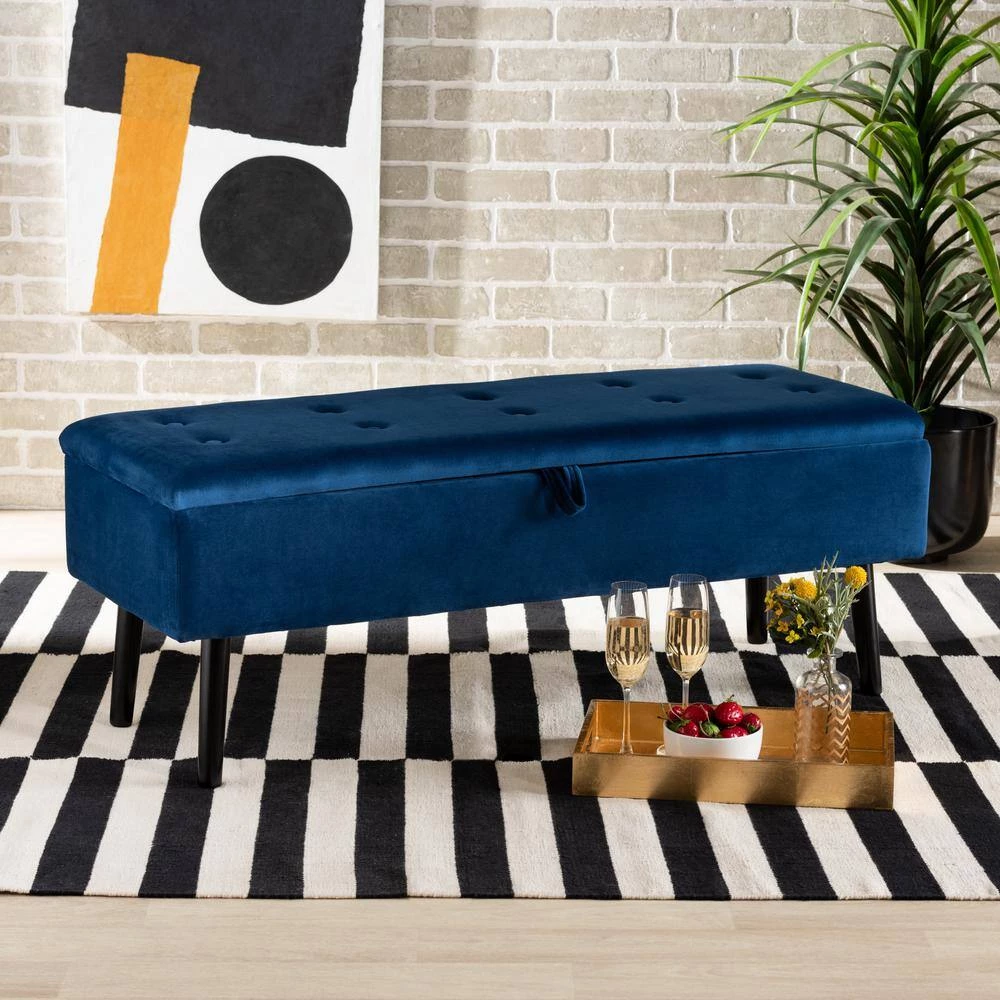 Caine Navy Blue and Dark Brown Storage Bench (15.9 in. H x 42.5 in. W x 15.7 in. D) by Baxton Studio - Image 9
