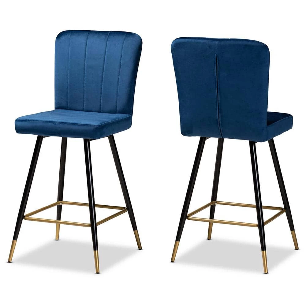 Preston 42.1 in. Navy Blue and Gold Low Back Metal Counter Height Bar Stool (Set of 2) by Baxton Studio