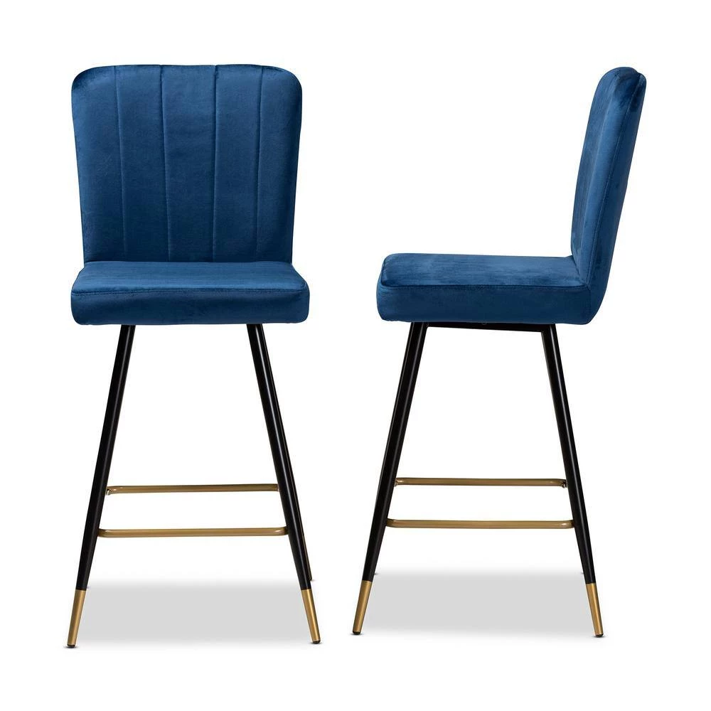 Preston 42.1 in. Navy Blue and Gold Low Back Metal Counter Height Bar Stool (Set of 2) by Baxton Studio - Image 2