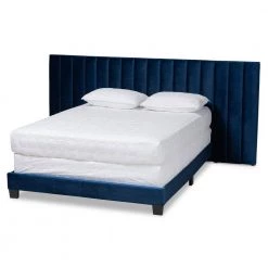 Fiorenza Navy Blue and Black King Panel Bed with Extra Wide Headboard by Baxton Studio