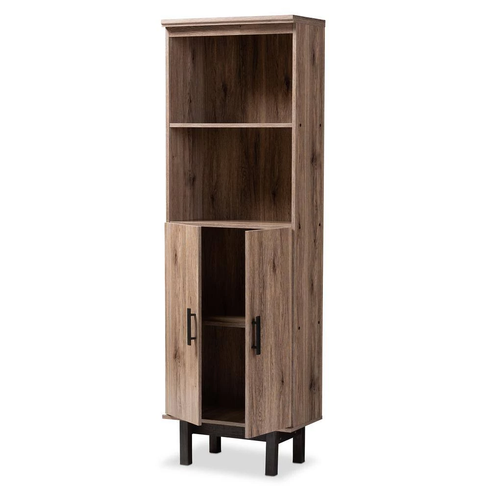 73 in. Oak/Black Wood 4-shelf Standard Bookcase with Doors by Baxton Studio - Image 5