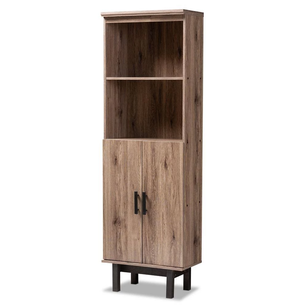 73 in. Oak/Black Wood 4-shelf Standard Bookcase with Doors by Baxton Studio - Image 4