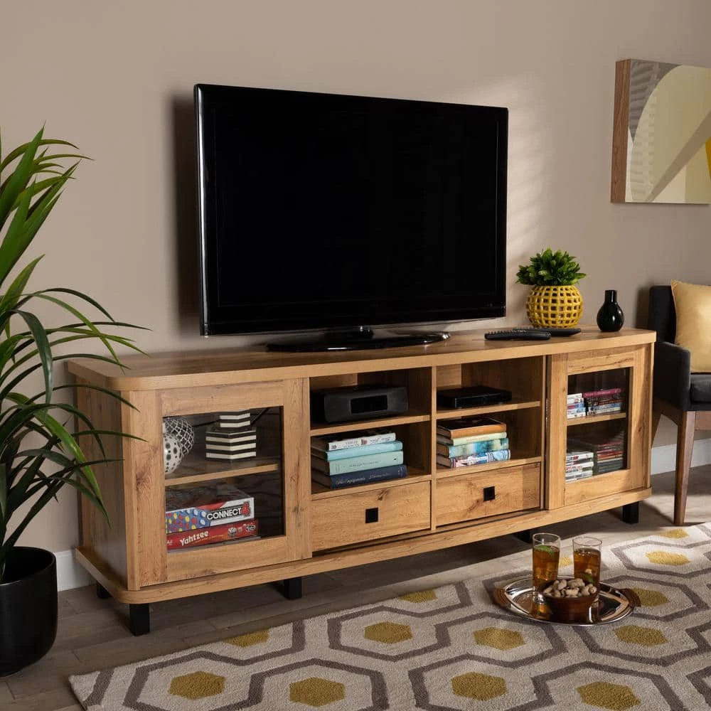 Walda 70.2 in. Oak Brown and Black TV Stand Fits TV's up to 78 in. by Baxton Studio - Image 8