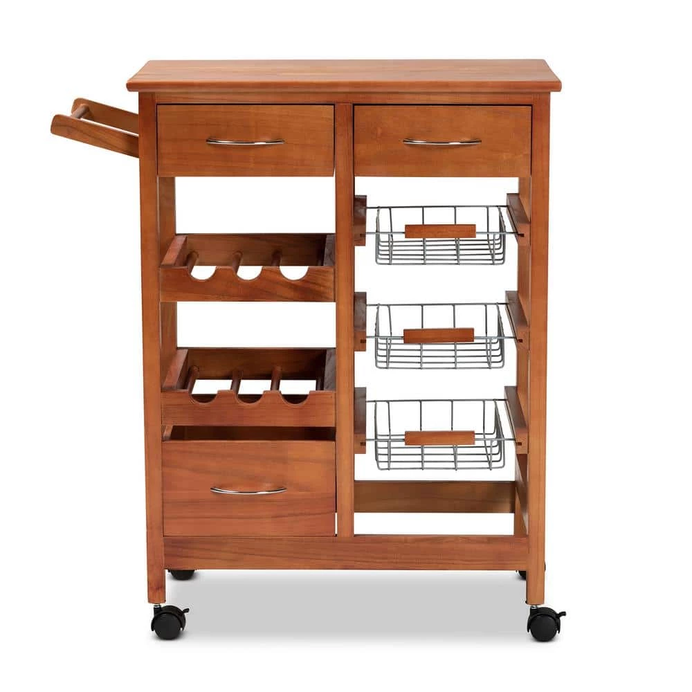 Crayton Oak Brown and Silver Kitchen Cart by Baxton Studio