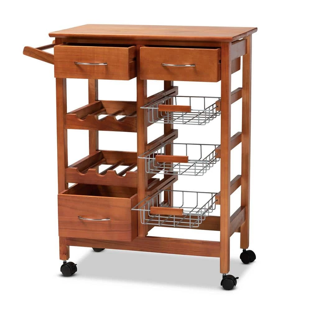 Crayton Oak Brown and Silver Kitchen Cart by Baxton Studio - Image 3