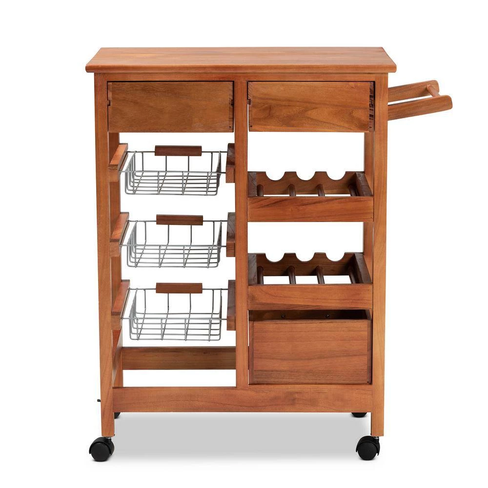 Crayton Oak Brown and Silver Kitchen Cart by Baxton Studio - Image 4
