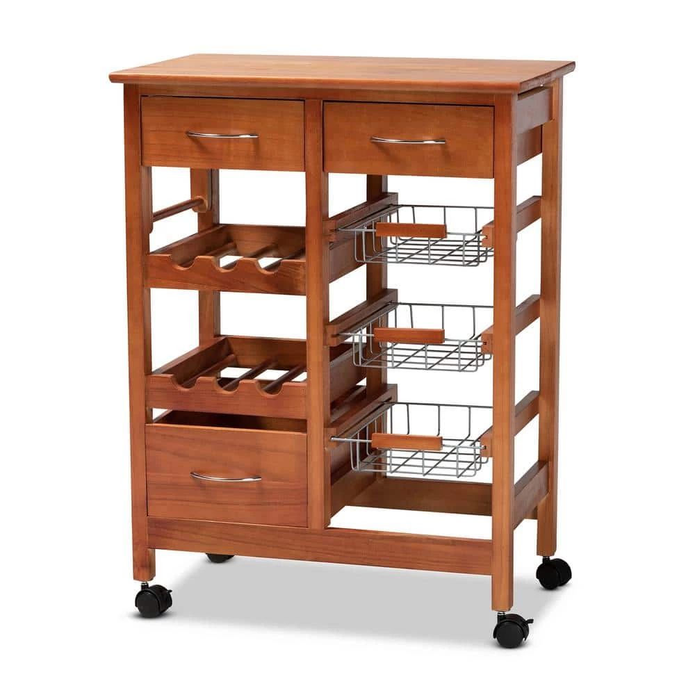 Crayton Oak Brown and Silver Kitchen Cart by Baxton Studio - Image 2