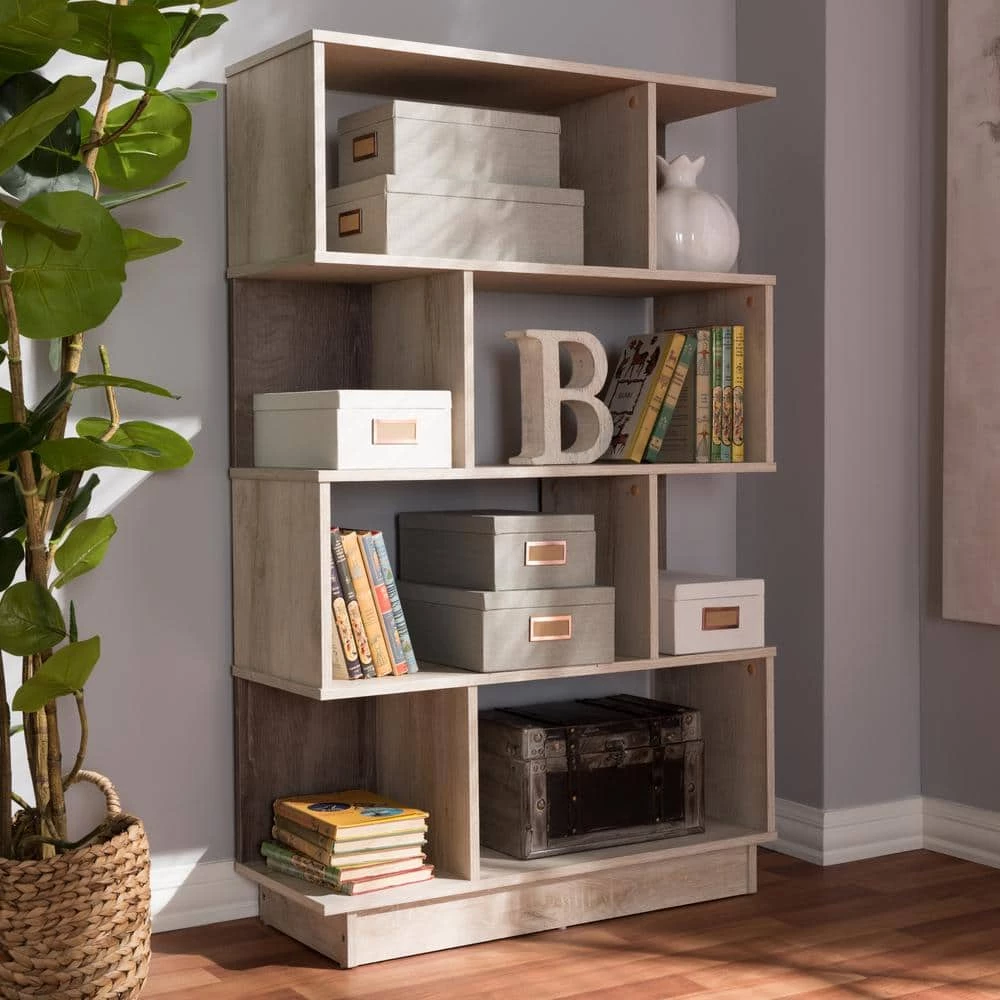 50.2 in. Oak Brown Wood 8-shelf Etagere Bookcase with Open Back by Baxton Studio - Image 9