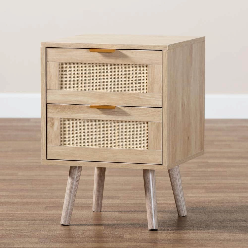 Baird 2-Drawer Oak Brown Nightstand 21.7 in. H x 15.7 in. W x 15.7 in. D by Baxton Studio - Image 7