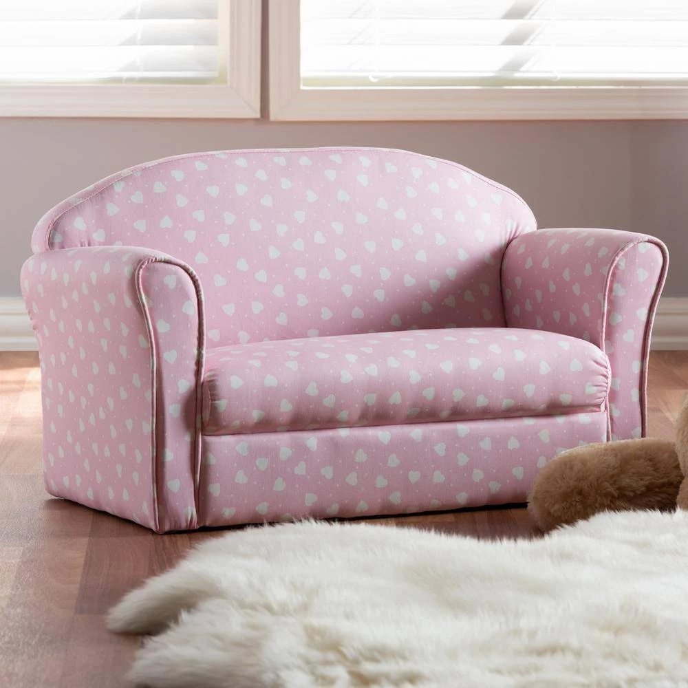 Erica 30.3 in. Pink/White Heart Print Polyester 2-Seater Cabriole Sofa with Flared Arms by Baxton Studio - Image 2