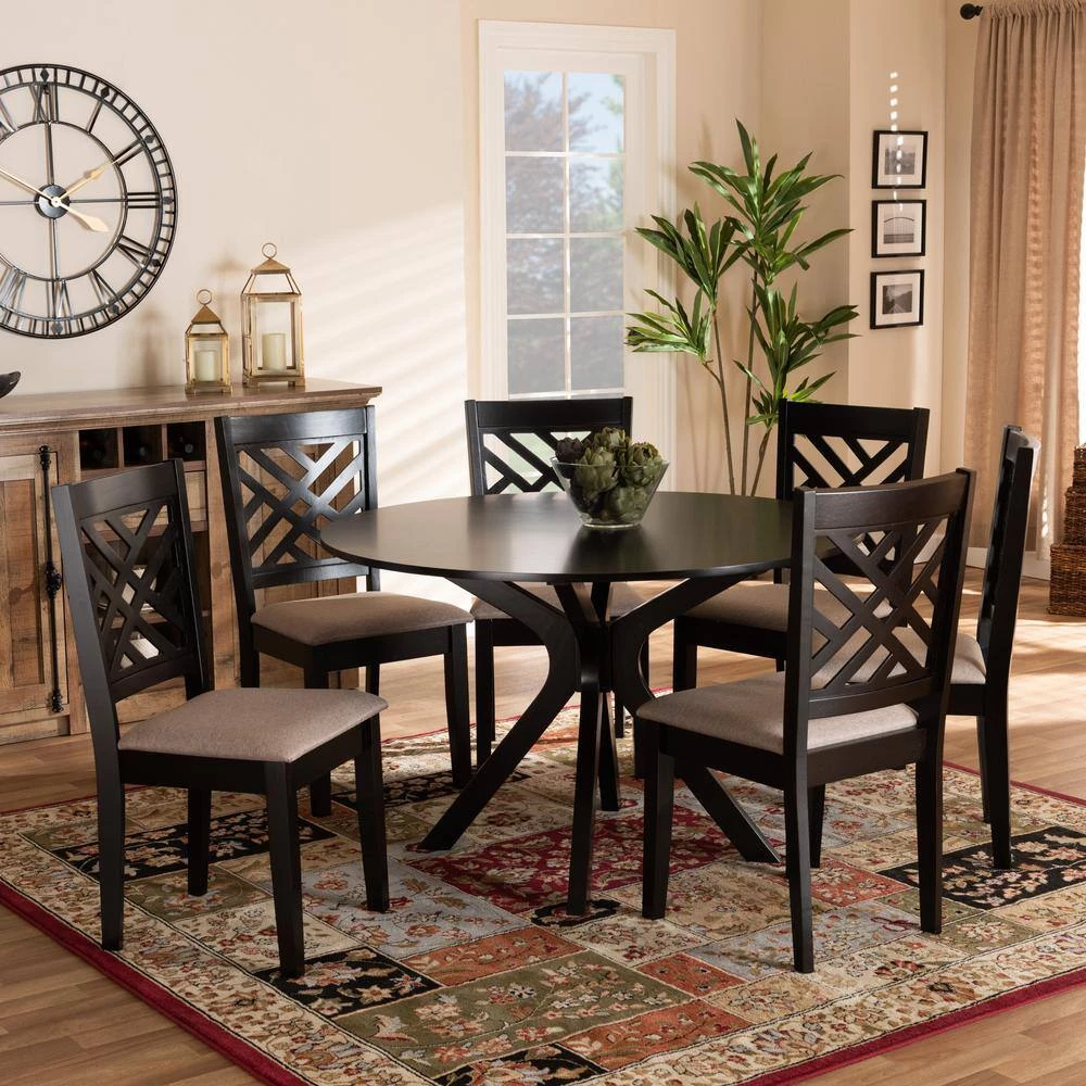 Norah 7-Piece Sand and dark brown Dining Set by Baxton Studio - Image 7