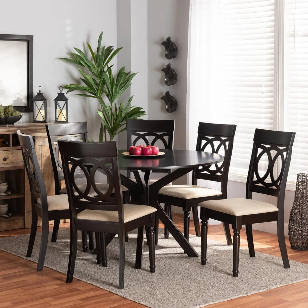 Jessie 7-Piece Sand and Dark Brown Dining Set by Baxton Studio - Image 7