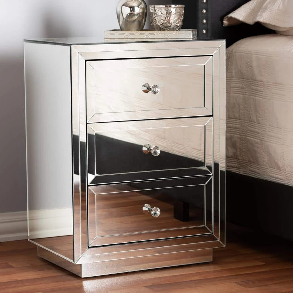Lina 3-Drawer Silver Nightstand by Baxton Studio - Image 7
