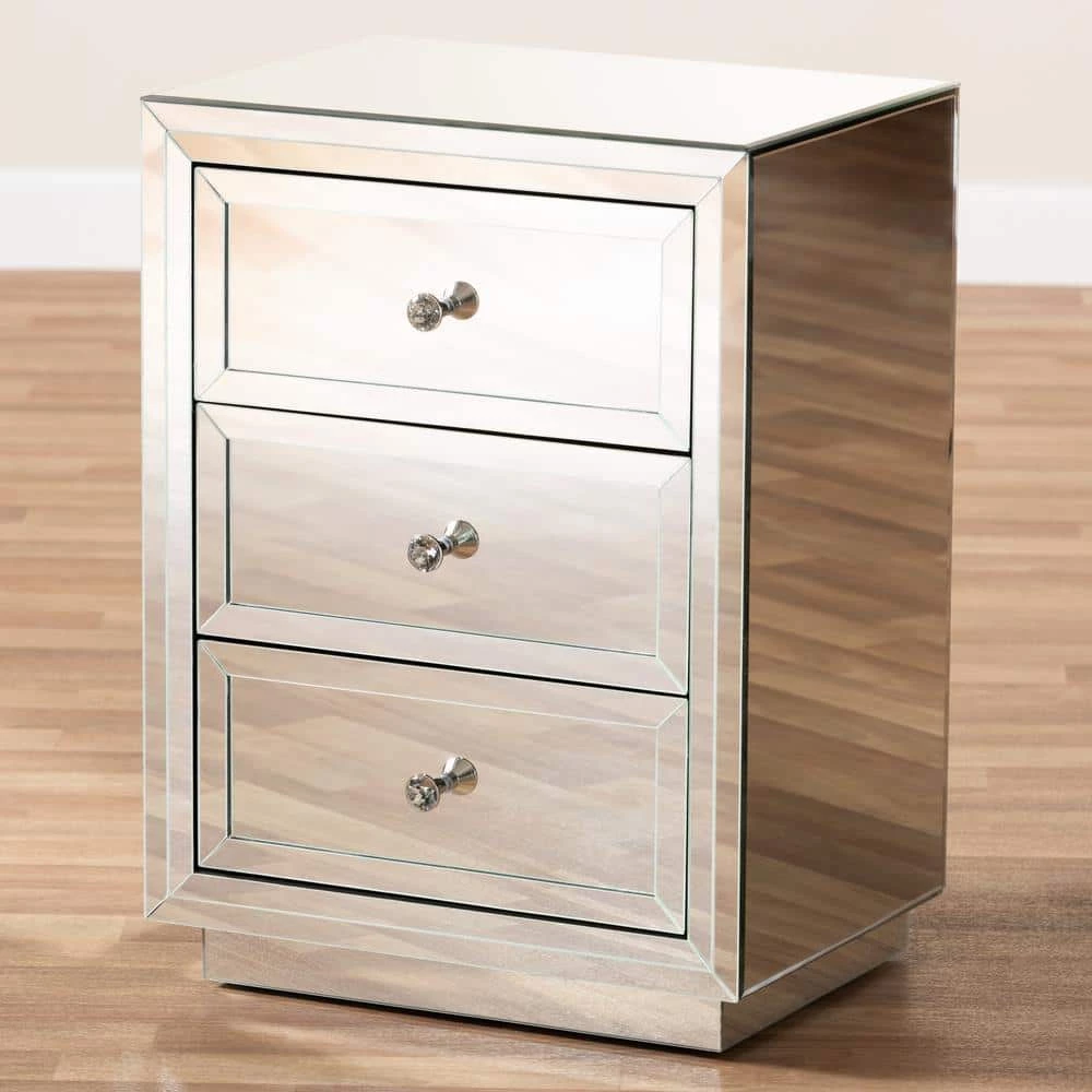 Lina 3-Drawer Silver Nightstand by Baxton Studio - Image 6