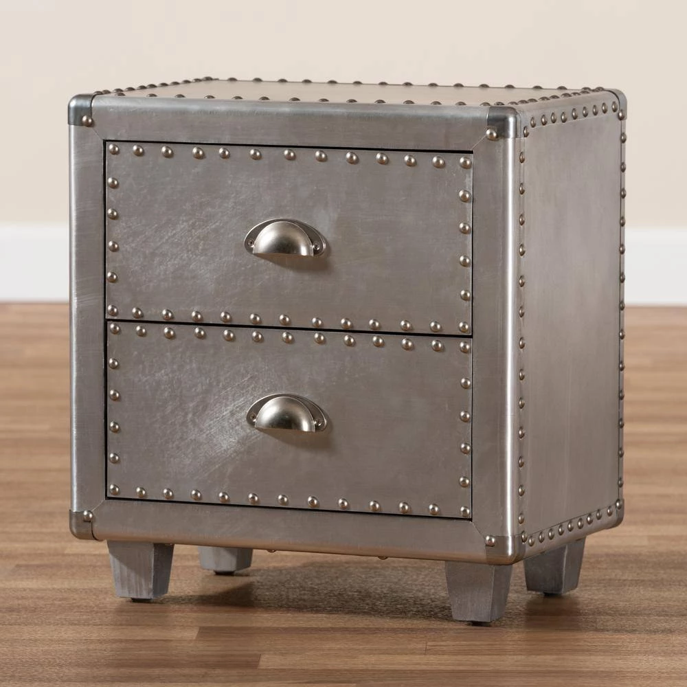 Davet 2-Drawer Silver Nightstand by Baxton Studio - Image 2