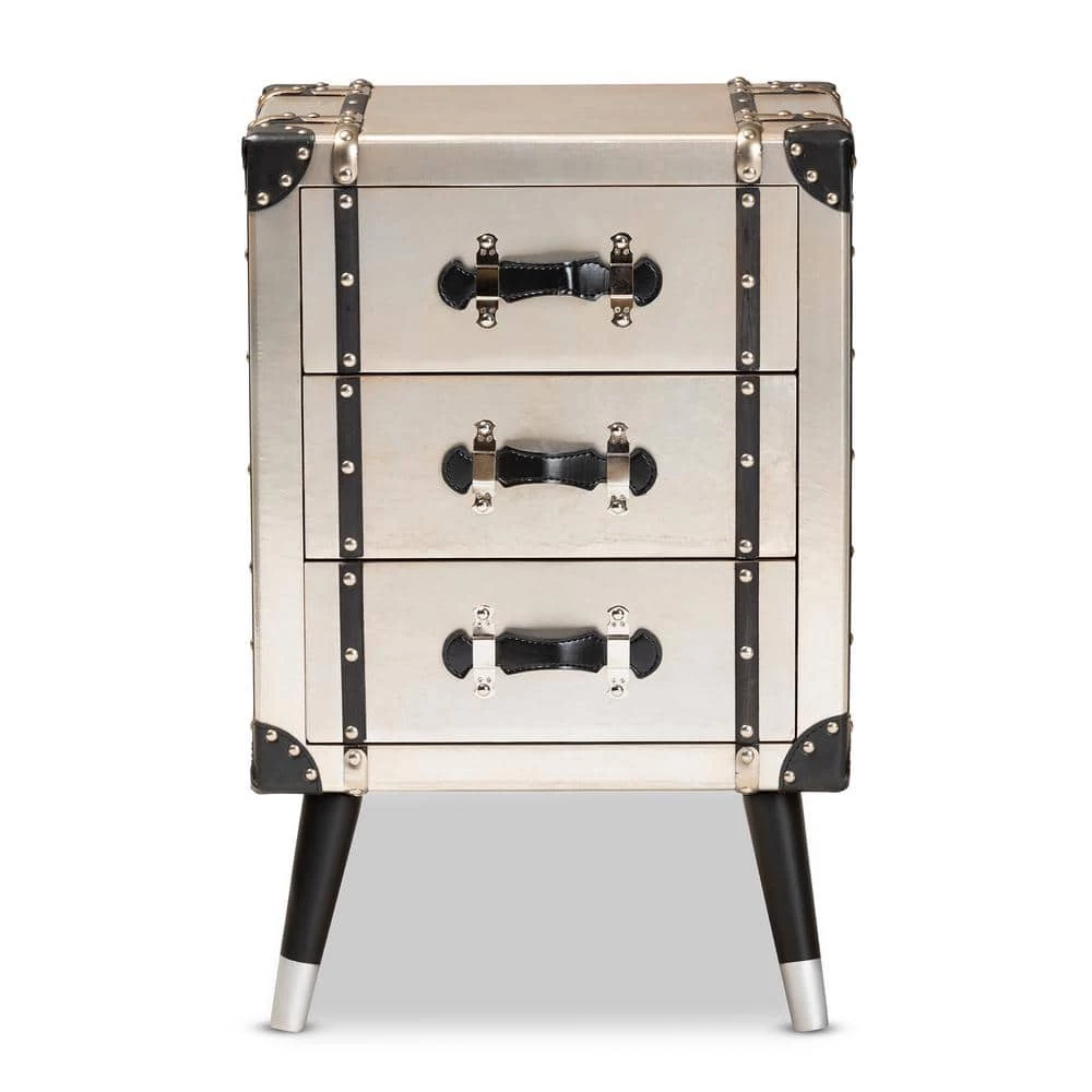 Dilan 3-Drawer Silver Trunk Nightstand by Baxton Studio - Image 5