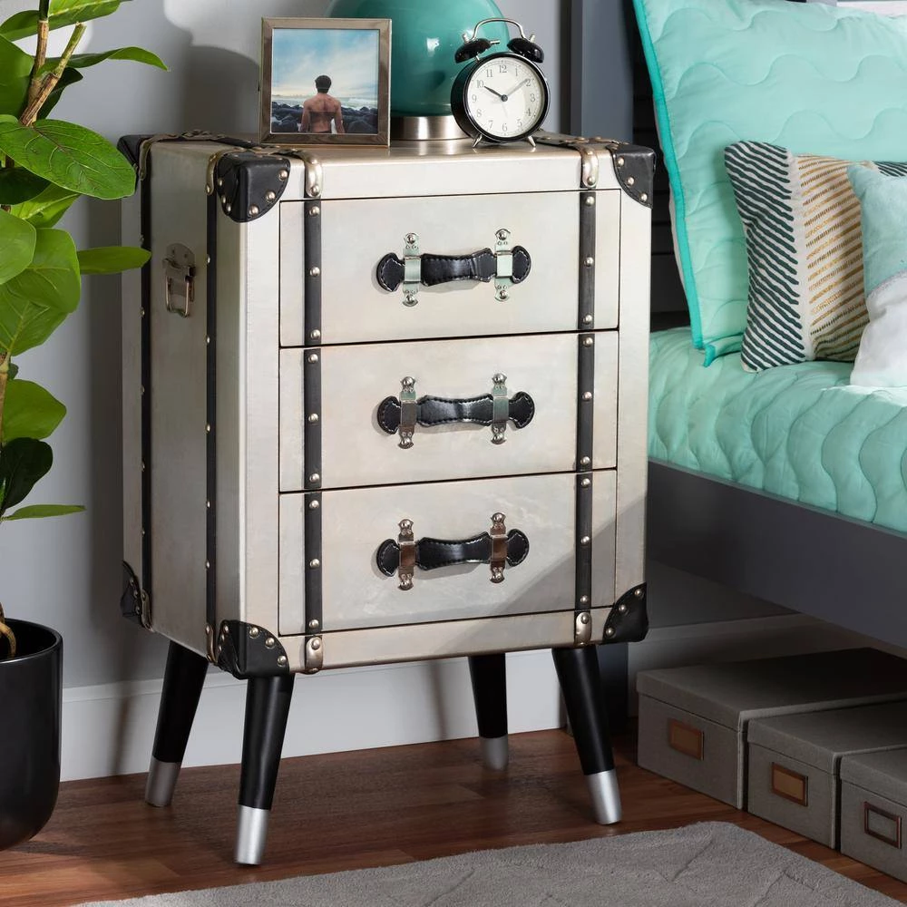 Dilan 3-Drawer Silver Trunk Nightstand by Baxton Studio - Image 7
