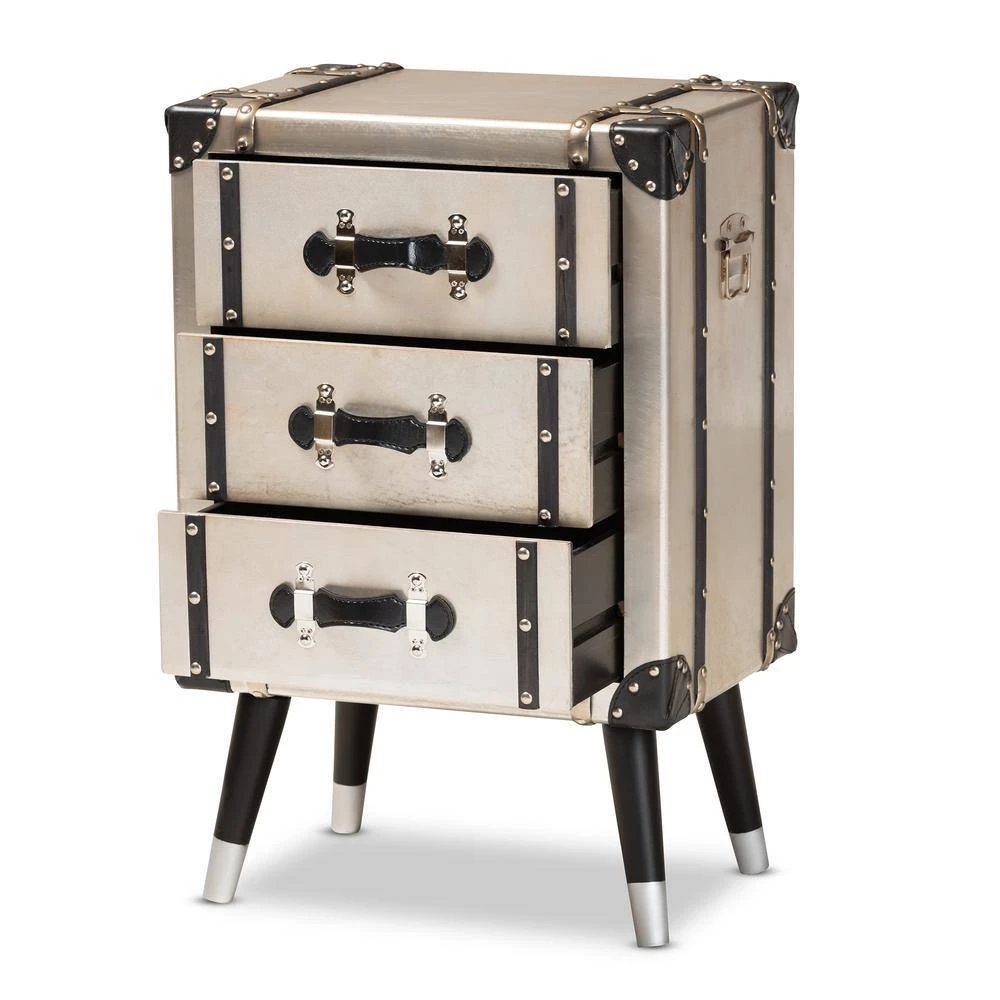 Dilan 3-Drawer Silver Trunk Nightstand by Baxton Studio - Image 4