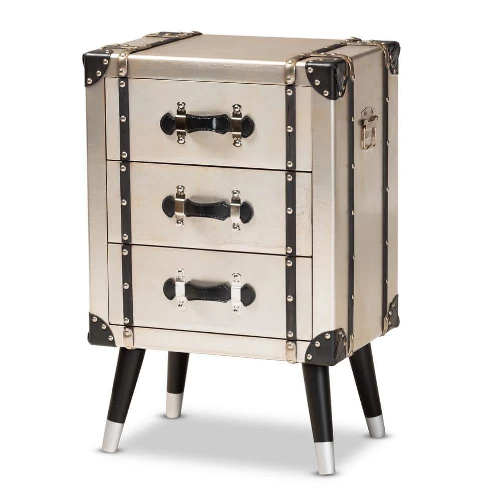 Dilan 3-Drawer Silver Trunk Nightstand by Baxton Studio