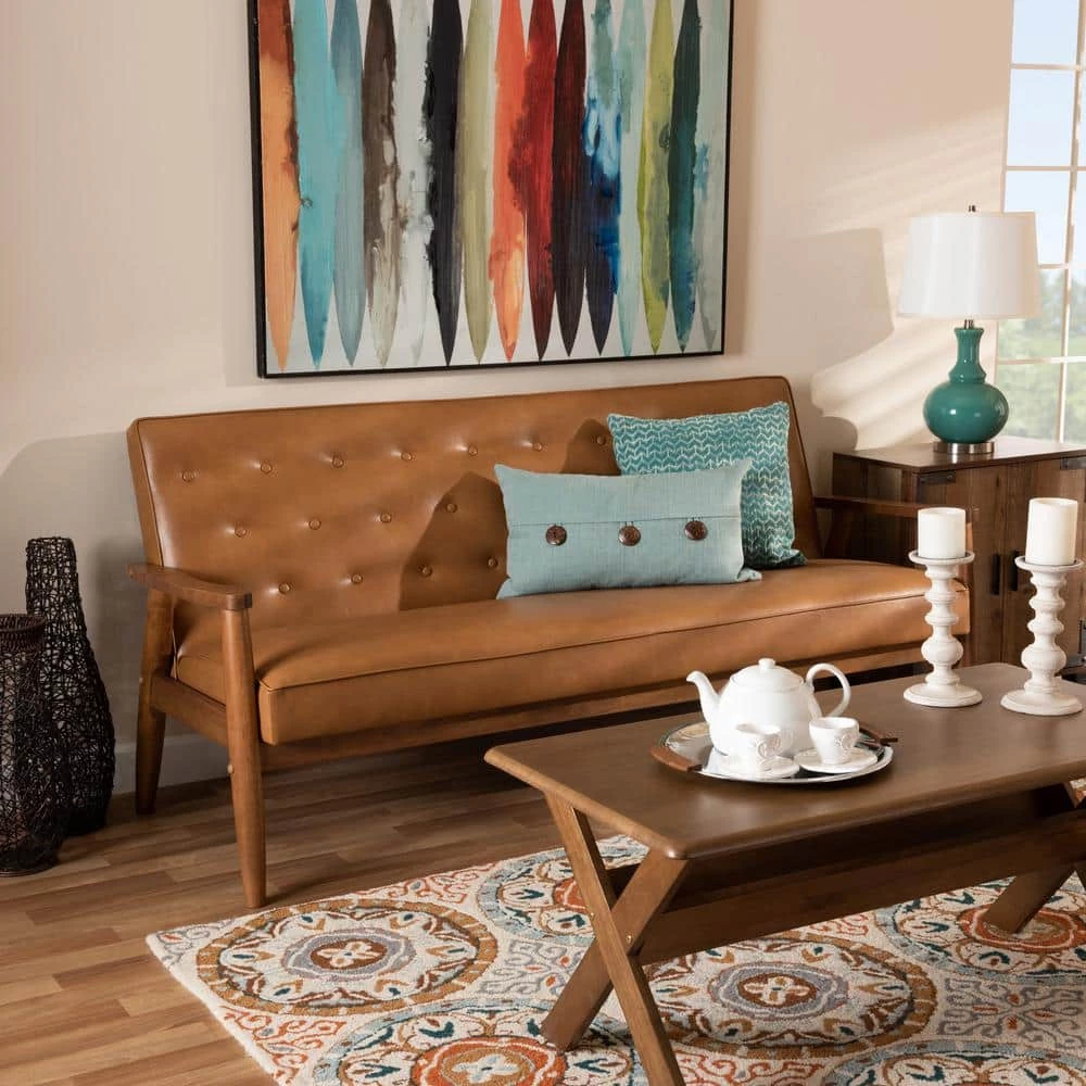 Sorrento 3-Seat Tan and walnut brown Sofa by Baxton Studio - Image 7