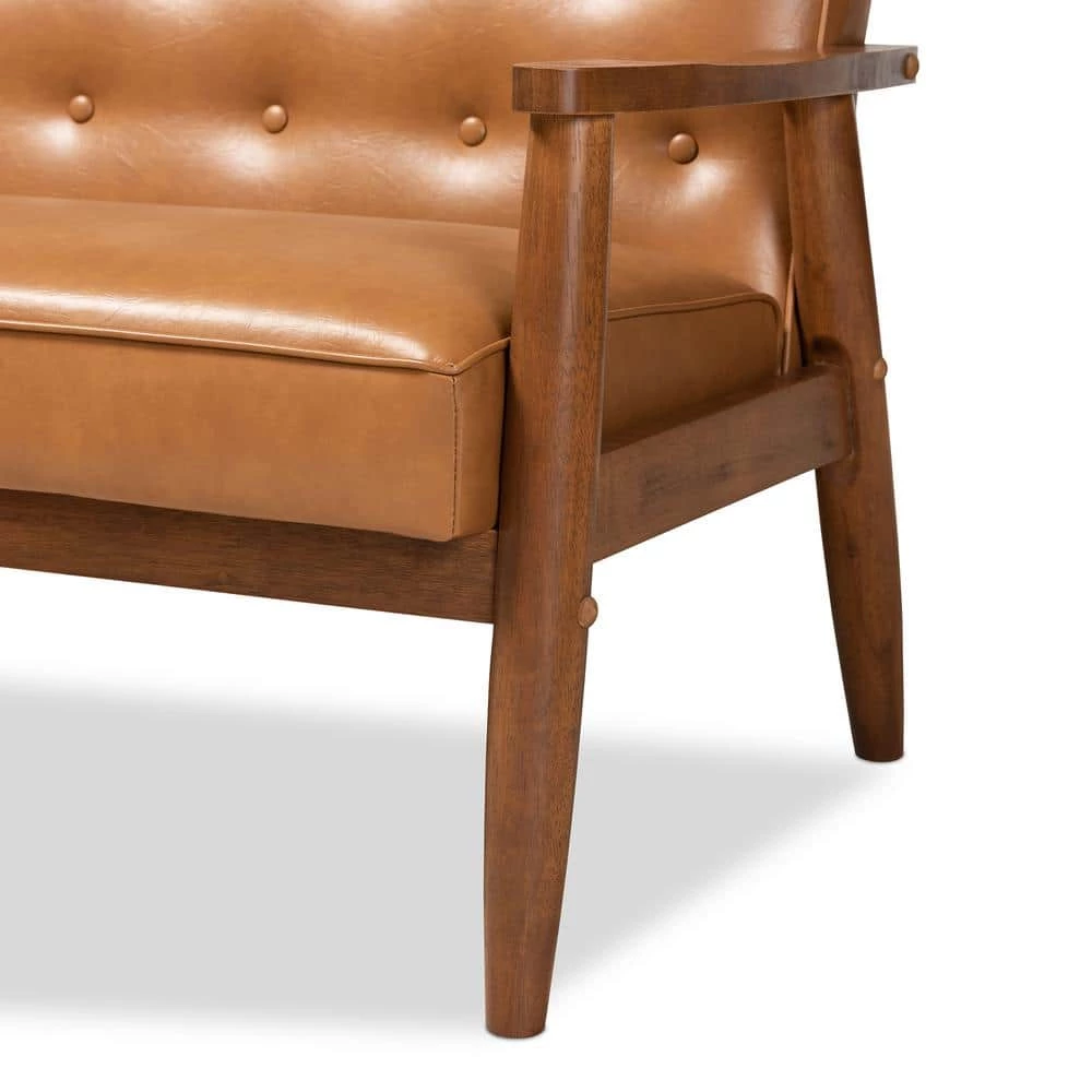 Sorrento 3-Seat Tan and walnut brown Sofa by Baxton Studio - Image 6