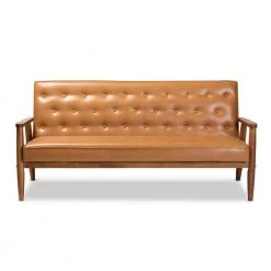 Sorrento 3-Seat Tan and walnut brown Sofa by Baxton Studio
