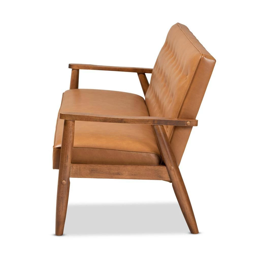 Sorrento 3-Seat Tan and walnut brown Sofa by Baxton Studio - Image 3