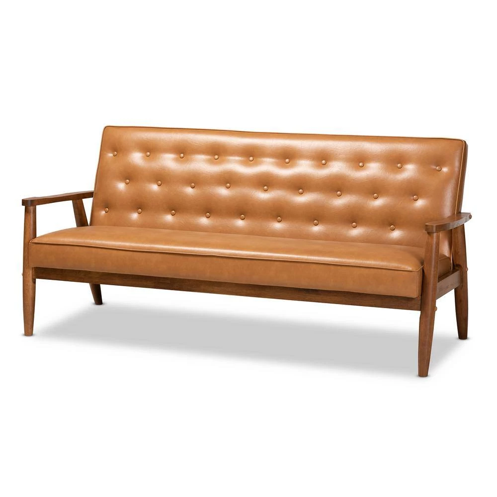 Sorrento 3-Seat Tan and walnut brown Sofa by Baxton Studio - Image 2