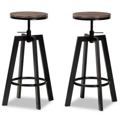 Maritta 29.5 in. Walnut and Black Adjustable Swivel Bar Stool (Set of 2) by Baxton Studio