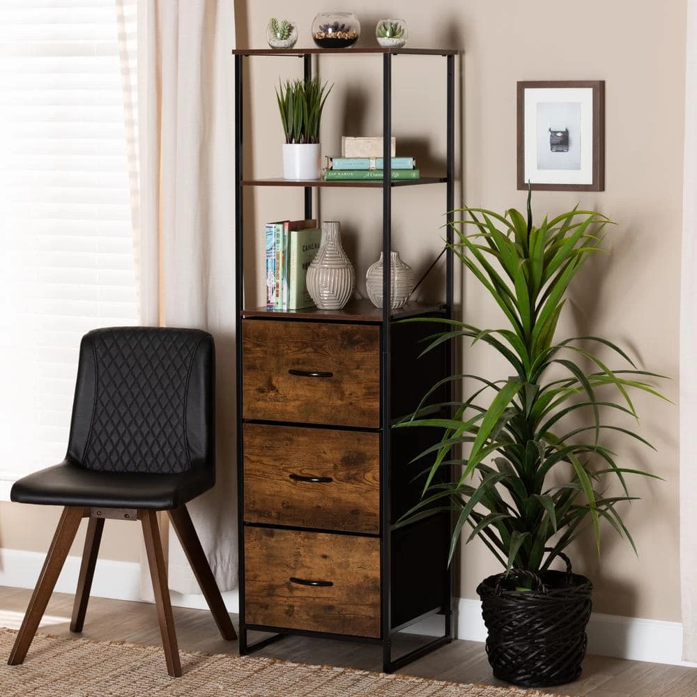 Hakan Walnut Brown and Black 3-Drawer Storage Cabinet with 3-Shelves by Baxton Studio - Image 8