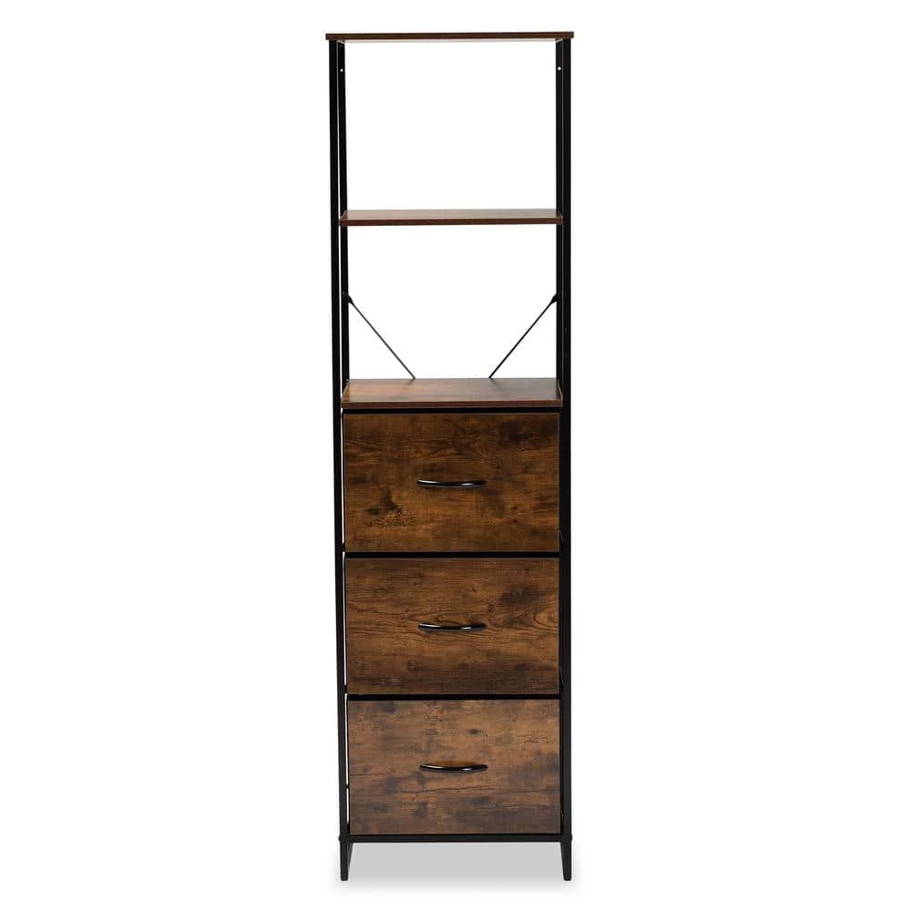 Hakan Walnut Brown and Black 3-Drawer Storage Cabinet with 3-Shelves by Baxton Studio