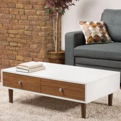 Adal 38 in. Walnut/White Medium Rectangle Wood Coffee Table with Drawers by Baxton Studio