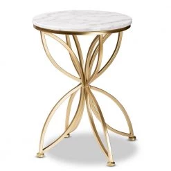 Jaclyn 15.4 in. White and Gold Round Marble Top End Table by Baxton Studio