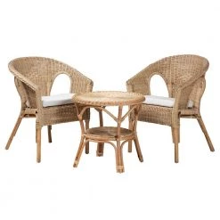 Abbey 3-Piece Rattan Top White and Natural Brown Living Room Set by Baxton Studio