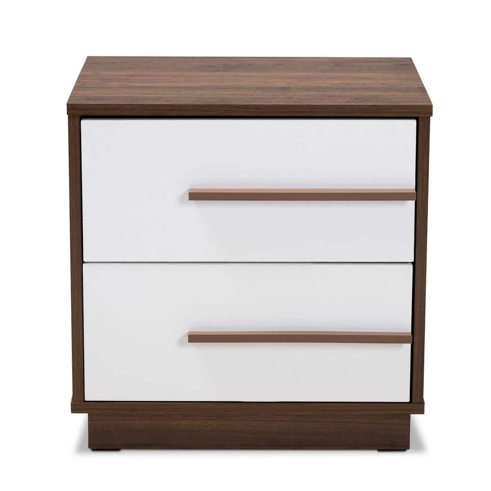 Mette 2-Drawer White and Walnut Nightstand by Baxton Studio