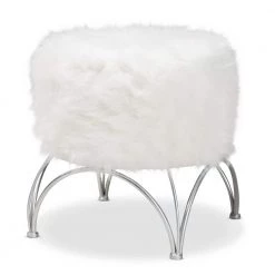 Celia White Faux Fur Metal Ottoman by Baxton Studio