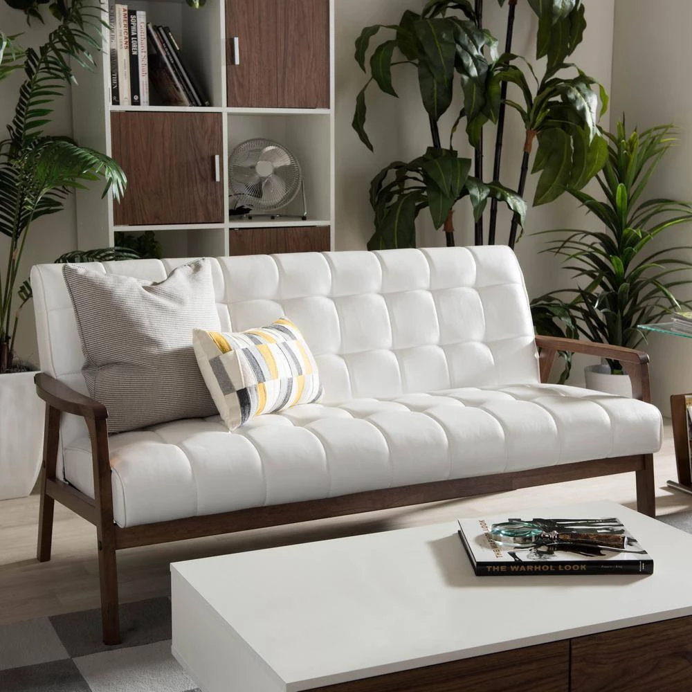 Masterpiece 63.8 in. White Faux Leather 4-Seater Cabriole Sofa with Wood Frame by Baxton Studio - Image 6
