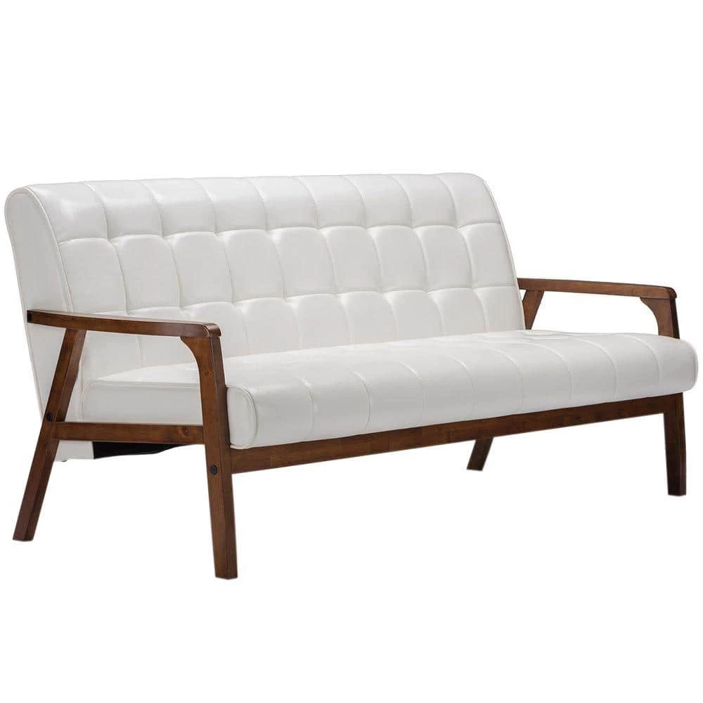 Masterpiece 63.8 in. White Faux Leather 4-Seater Cabriole Sofa with Wood Frame by Baxton Studio - Image 2