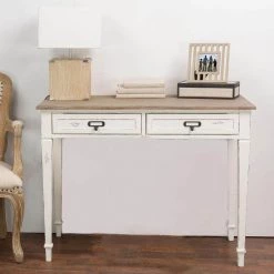39.5 in. White/Light Brown Rectangular 2 -Drawer Writing Desk with Distressed Finish by Baxton Studio